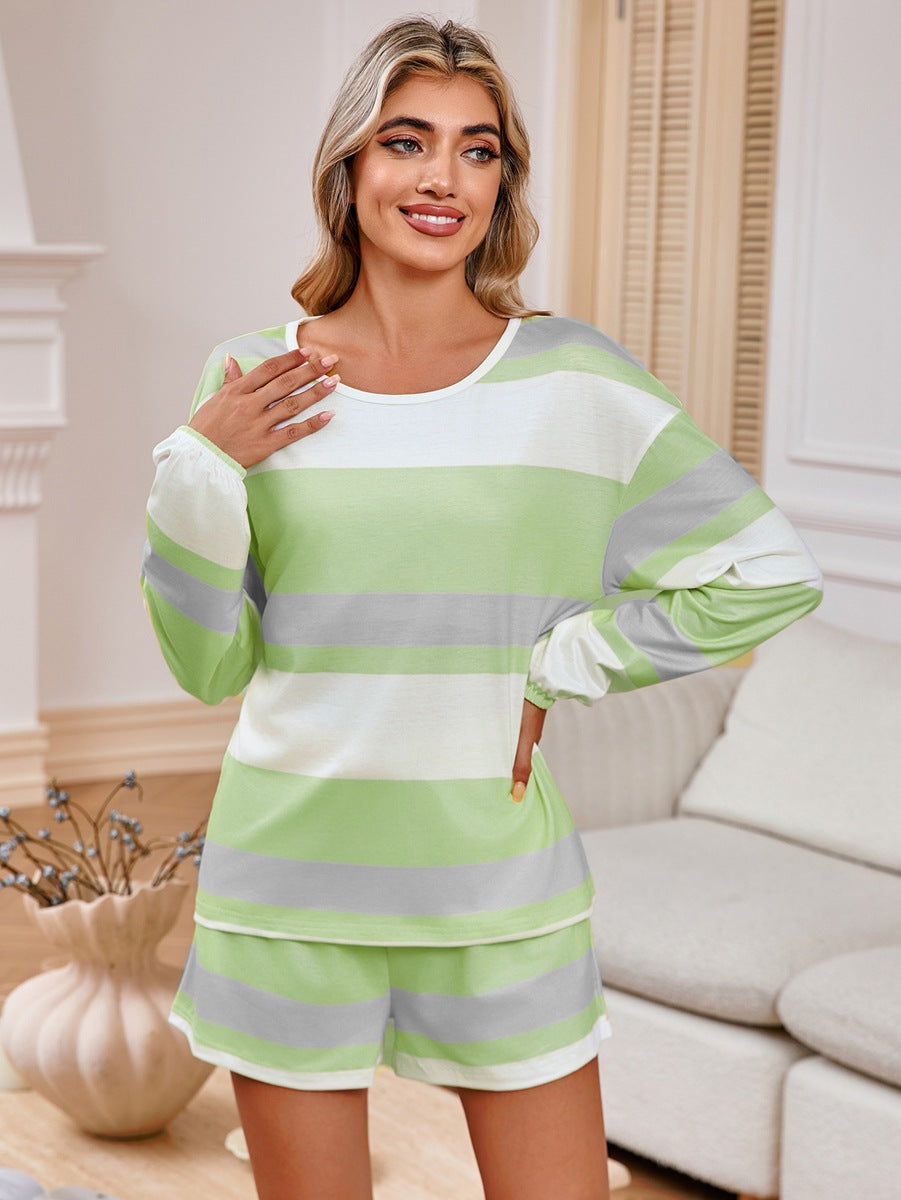 MAOXIANGSHOP 2025Real spot New Popularan beautiful women's long-sleeved striped top shorts casual suit loose pajamas large size women's clothing