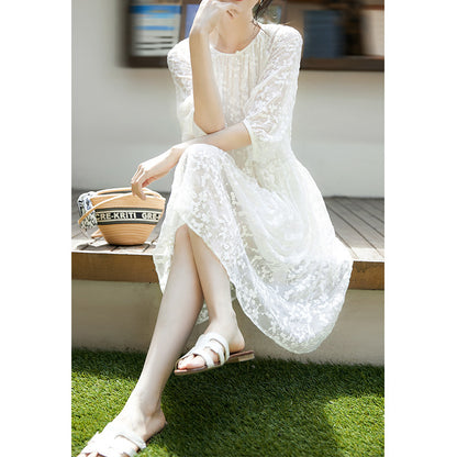 2025 Mulberry silk fairy dress silk embroidered mesh white medium and long dress  four-season green women's clothing spring and summer