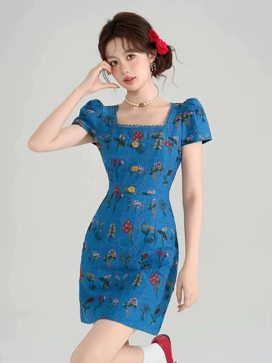 New Chinese style square neck short-sleeved floral dress women's clothing  summer new unique and beautiful a-word skirt