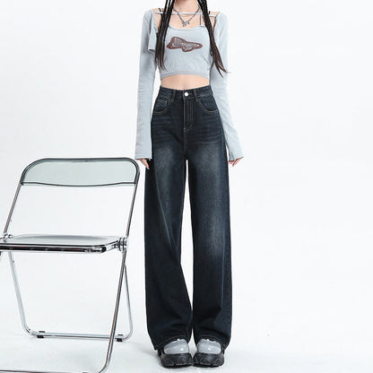 concert outfit Blue and Gray Wide-Leg Jeans for Women Spring and Autumn  New High Waist Straight Loose Mop Pants American Retro
