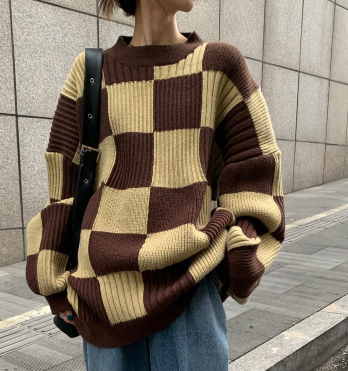 maoxiangshop-shop fall outfits aesthetic Chessboard Plaid Sweater for Women 2024 Autumn and Winter New Design Sense Niche Top Retro Japanese Style Lazy Style Sweater