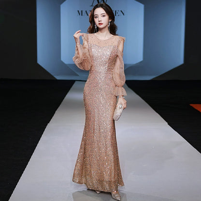 High-end evening dress new  explosion temperament celebrity high sense light luxury niche sequins fishtail host autumn