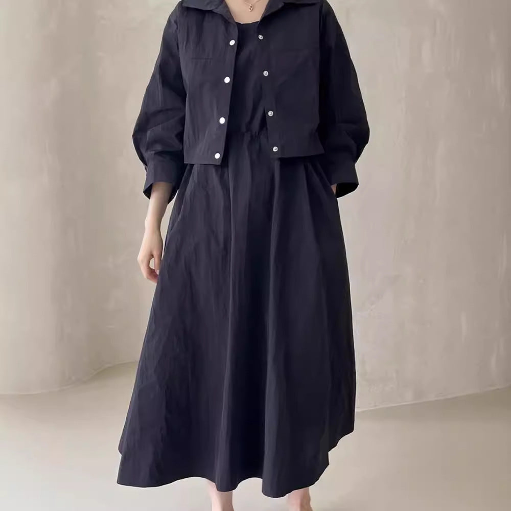 maoxiangshop-shop church outfit Chic Autumn Retro Elegant Drawstring Waist Strap Dress + Loose All-Match Long Sleeve Short Coat for Women