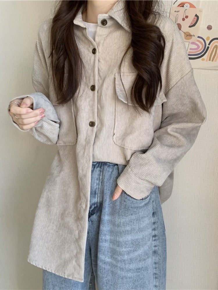 maoxiangshop-shop fall outfits aesthetic Early Spring Loose Mid-Length Shirt Retro Hong Kong Style Long Sleeve Corduroy Coat Women's Clothing Design Sense Niche Shirt