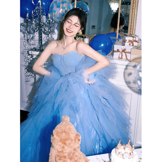2025Blue tube top dress high-end heavy industry morning gown female bride wedding dress birthday dress trailing tutu dress dress