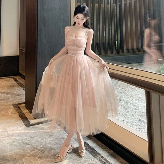 Rich daughter feels like wearing pink mesh suspender dress temperament celebrity high sense waist banquet dress dress dress