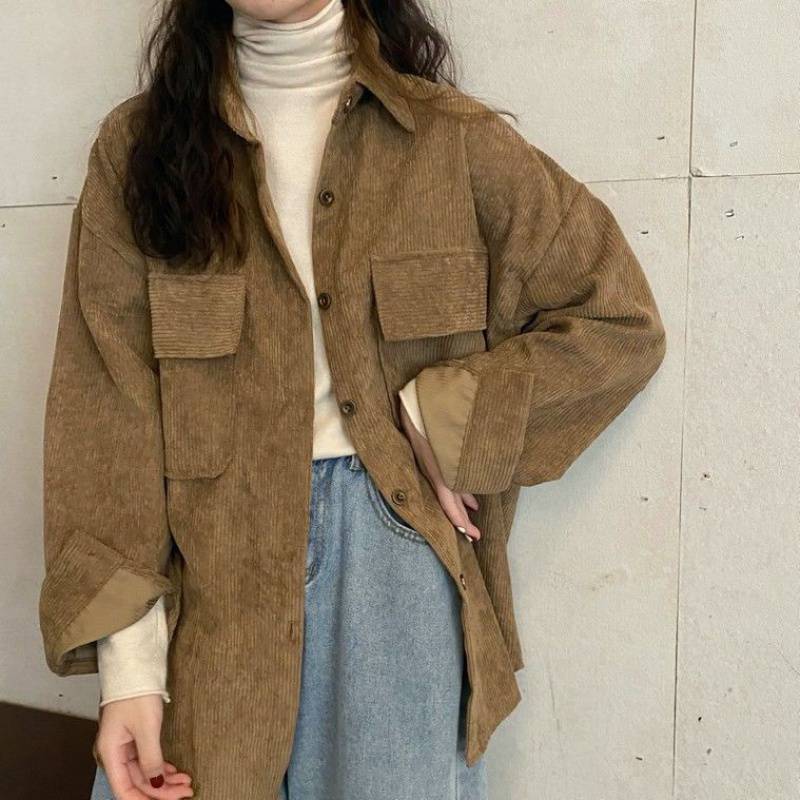 maoxiangshop suede jacket outfit Retro Women's Corduroy Coat Shirt Women's Spring and Autumn Versatile New Hong Kong Style Shirt Top