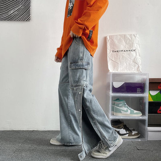 maoxiangshop first day of school outfit highschool American High Street Vibe Style Breasted Jeans Men's Loose Straight Japanese Retro Drape Casual Split Wide-Leg Pants