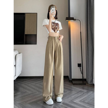 maoxiangshop-shop fall fashion Khaki Narrow Straight Jeans for Women Spring and Autumn New High Waist Small American Wide Leg Pants