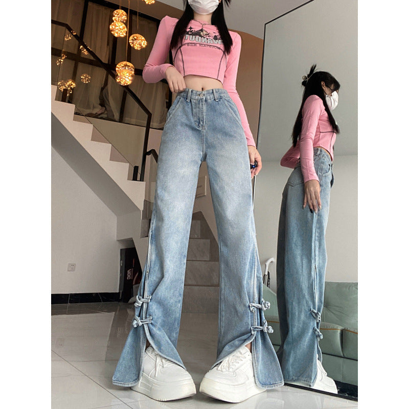 maoxiangshop 2000s fashion Retro High Waist Split Jeans for Women Spring and Autumn Trendy Ins New Slimming Wide Leg Pants