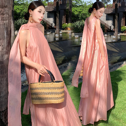 Seaside vacation Sanya travel wear high-end fairy temperament streamer sleeveless neck dress loose long dress