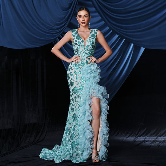 2025 high-end temperament sexy long sequined sleeveless V-neck banquet evening dress bridesmaid dress women