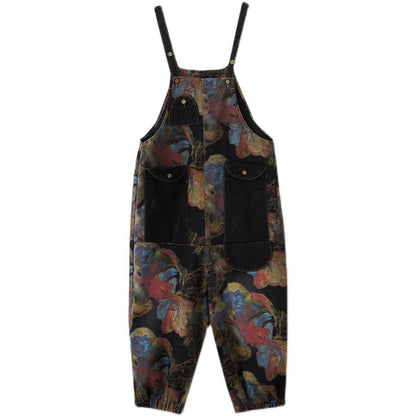 maoxiangshop grunge outfits plus Size Women's Printed Denim Suspender Pants Women's Spring and Autumn New Loose Large Pocket Casual Fashion Even Break Cropped Pants