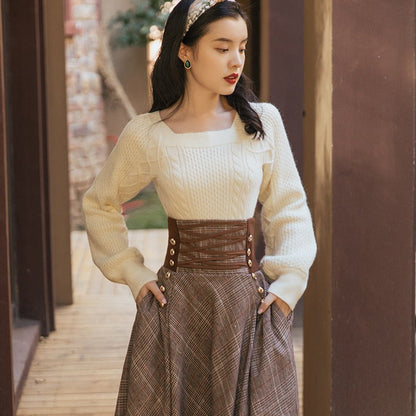 maoxiangshop 2000s fashion Autumn and Winter New Twist Square Collar Long Sleeve Thick Sweater + Lace Plaid Woolen Skirt Two-Piece Set
