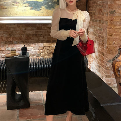 2025 popular autumn clothing new high waist temperament velvet lace-up dress high-end long dress children 88129