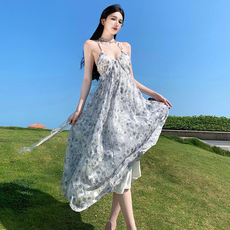 2025 pure desire big halter neck holiday dress women's summer high-end neck print suspender chiffon dress