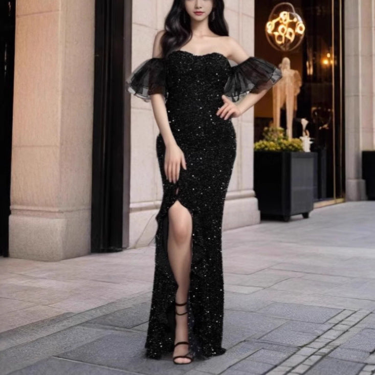 MAOXIANGSHOP 2025 spring 2025 new New Popular trade women's clothing independent station ebay sexy bright silk short-sleeved banquet dress