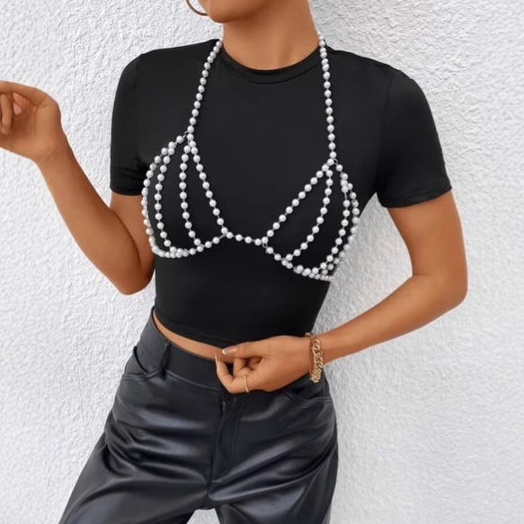 F4870Y 2025 vest sexy versatile pearl chain splicing neck halter top chest wrap small vest body chain
