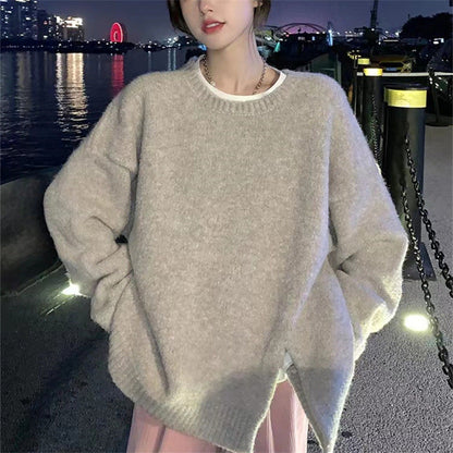 maoxiangshop-shop fall outfits aesthetic Lazy Style Round Neck Split Autumn and Winter New Soft Nuo Sweater Simple Loose All-Match Outer Sweater Women's Clothing