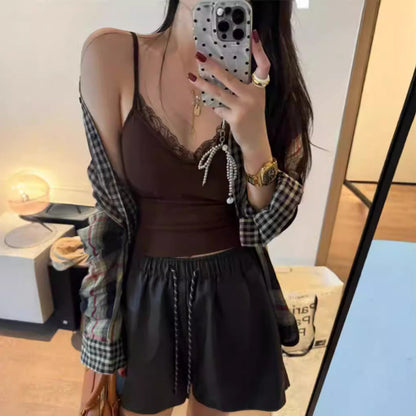 maoxiangshop y2k outfits Early Autumn French Lace Top Inner Base Shirt Sling Women's Sweet and Spicy Style with Chest Pad Sexy Lace Base Shirt