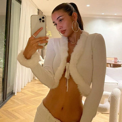 maoxiangshop 2000s fashion Fashionable Autumn Sexy Women's Top High-Grade New Furry Lace-up Pit Cardigan Short V-neck Slim Knit
