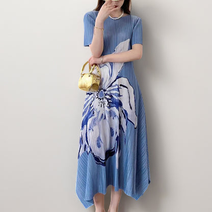 High-end dress large size female fat mm middle-aged mother dress printed loose short-sleeved a-word skirt thin pleated skirt