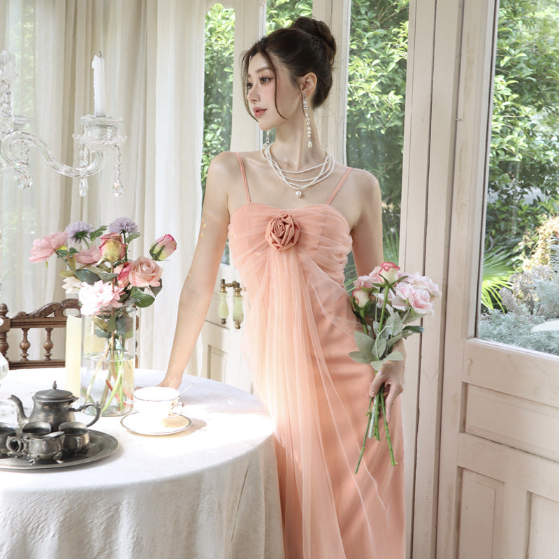 2025 One-word shoulder tube top dress women's summer flower waist high-end temperament sexy pure desire off-the-shoulder holiday long skirt