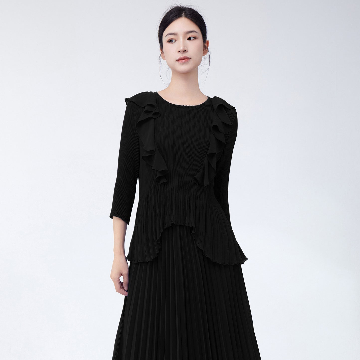 Women's fashionable Popular style top summer new high-end ruffle edge irregular versatile pleated chiffon shirt T-shirt