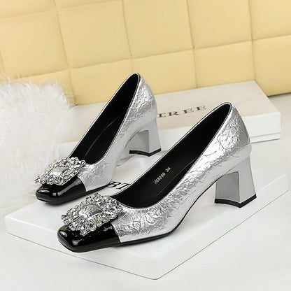 5299-K90 retro style autumn and winter new women's shoes thick heel middle heel square head rhinestone splicing thin single shoes rhinestone buckle