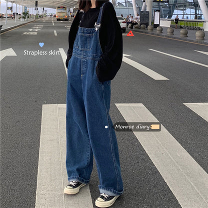 maoxiangshop pumpkin patch outfit Korean Style Denim Suspender Pants for Women 2024 Spring and Autumn New Loose High Waist Straight Wide Leg Draping Mop One-Piece Trousers