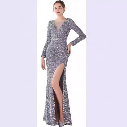 MAOXIANGSHOP popular New solid color chest wrap sequined high waist temperament commuting sweet long dress waist long dress split dress