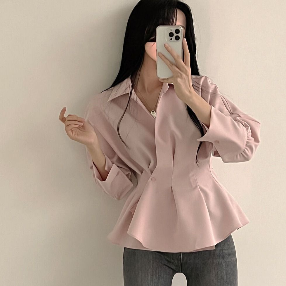 maoxiangshop-shop buisnesscore outfit women Spring and Autumn New Retro Waist-Tight Skirt Western Style Ruffled Design Sense Niche Long Sleeve Chic Shirt Top