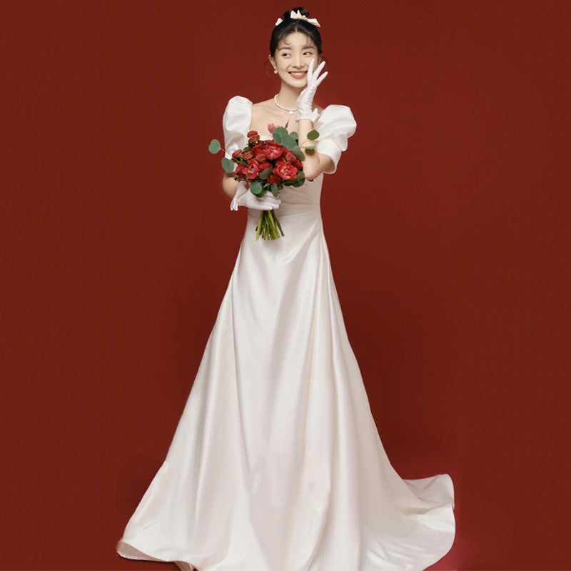 2025 Satin light wedding dress Mori bride going out yarn temperament thin light yarn small trailing white dress welcome yarn wholesale