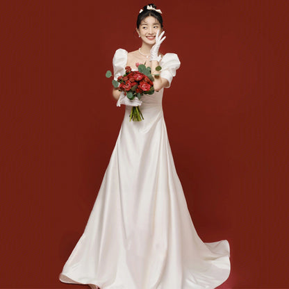 2025 Satin light wedding dress Mori bride going out yarn temperament thin light yarn small trailing white dress welcome yarn wholesale