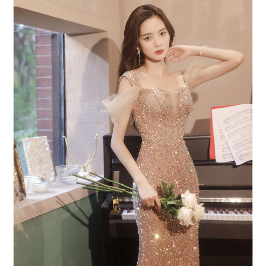 Banquet evening dress fishtail skirt 2025 new spring light luxury niche sequins annual meeting host performance dress skirt