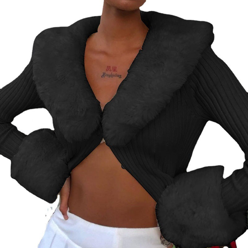 maoxiangshop 2000s fashion Fashionable Autumn Sexy Women's Top High-Grade New Furry Lace-up Pit Cardigan Short V-neck Slim Knit