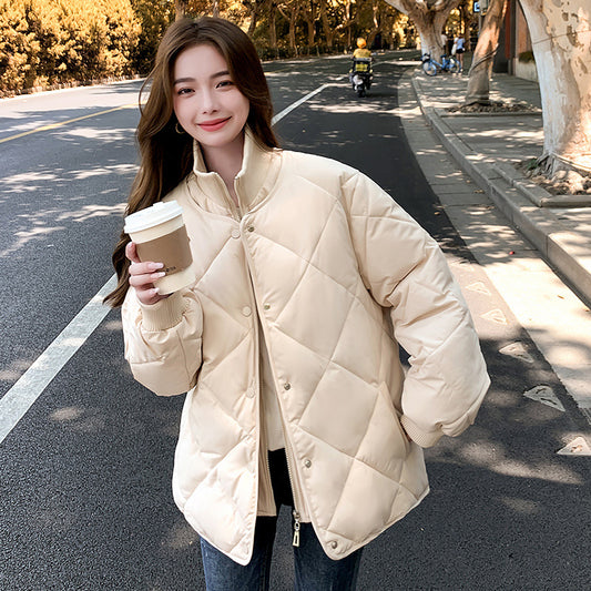 Hot trade cotton clothes women's short rhombus grid round neck fake two-piece splicing thread cotton-padded clothes casual light loose college style