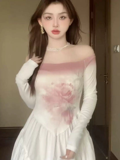 "Misty Kyoto" shoulder gradual change flower print long-sleeved dress women's autumn pit strip splicing big swing dress
