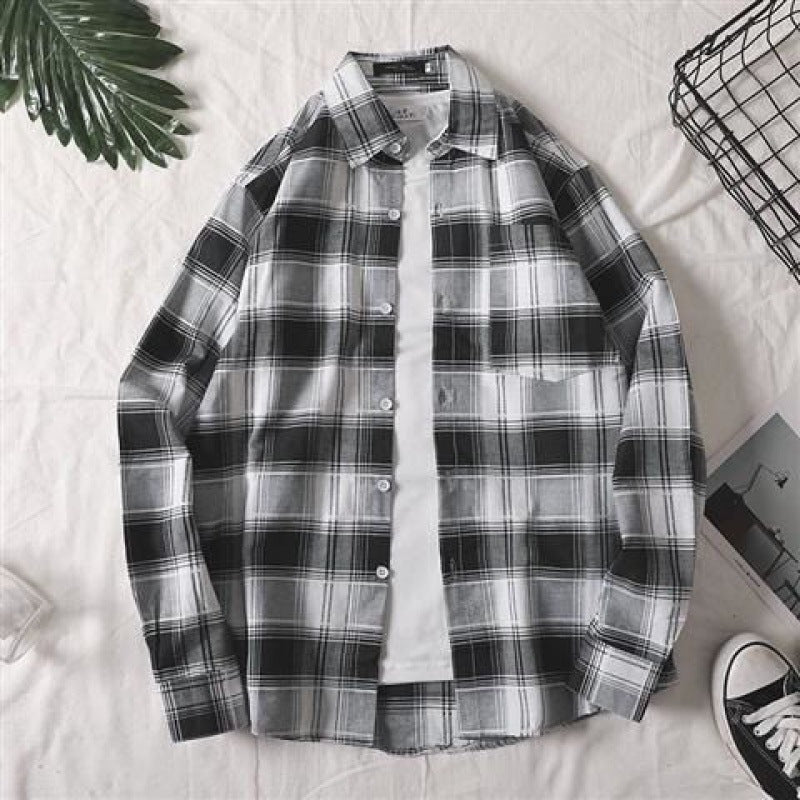 maoxiangshop-shop men fall outfits casual Colorful Plaid Couple Plaid Shirt Coat Long-Sleeved Shirt Youth Korean Casual Student Handsome Men's Shirt
