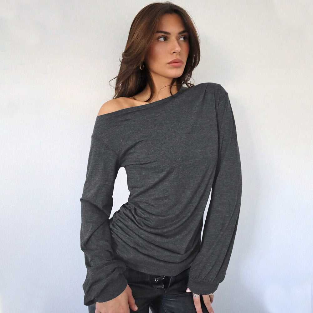 maoxiangshop 2000s fashion 2024 Women's Casual Trendy T-shirt Autumn and Winter Fashion All-Match Loose Slimming Oblique Collar Top