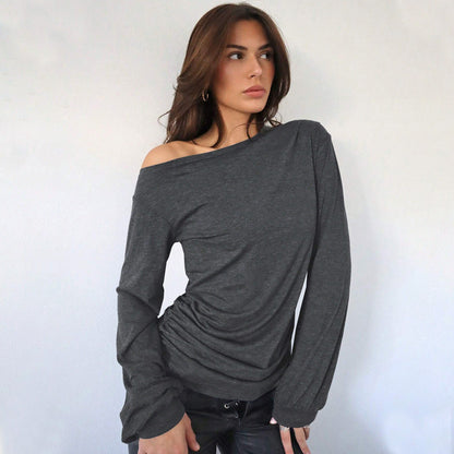 maoxiangshop 2000s fashion 2024 Women's Casual Trendy T-shirt Autumn and Winter Fashion All-Match Loose Slimming Oblique Collar Top