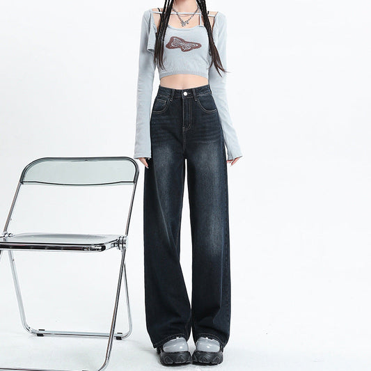 concert outfit Blue and Gray Wide-Leg Jeans for Women Spring and Autumn  New High Waist Straight Loose Mop Pants American Retro