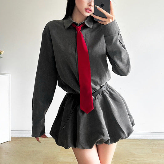 maoxiangshop group halloween costumes Style 2024 Autumn New Women's Clothing Solid Color Slim High Waist Street Fashion Lapel Long Sleeve Dress