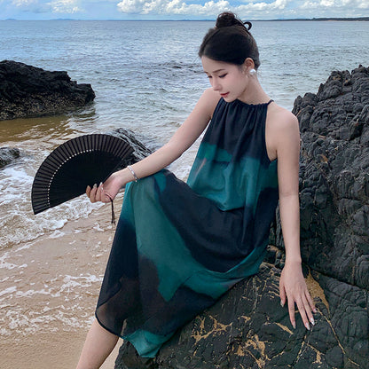 dark green contrasting colors niche design sense thin dress Sanya seaside vacation loose thin white dress