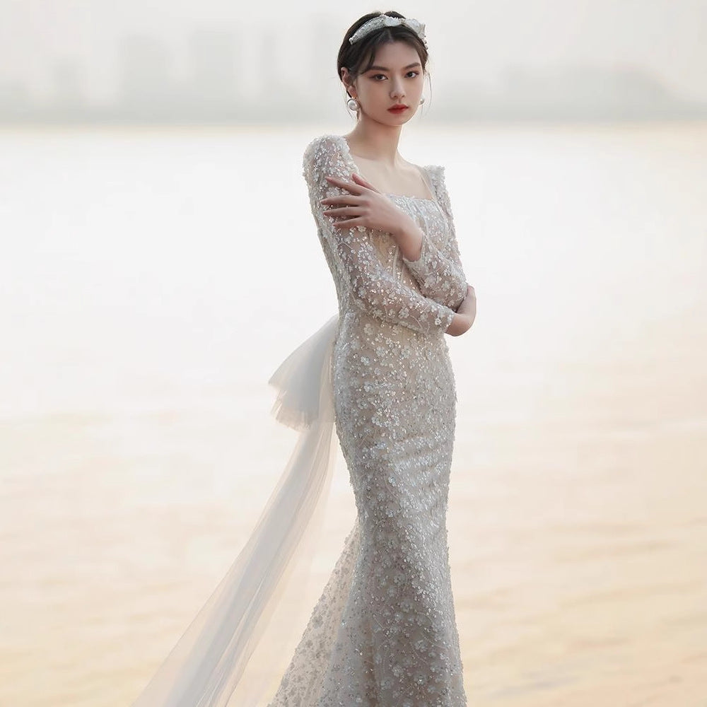 light wedding dress 2025 new bridal temperament simple dress princess style fishtail travel photo wedding dress