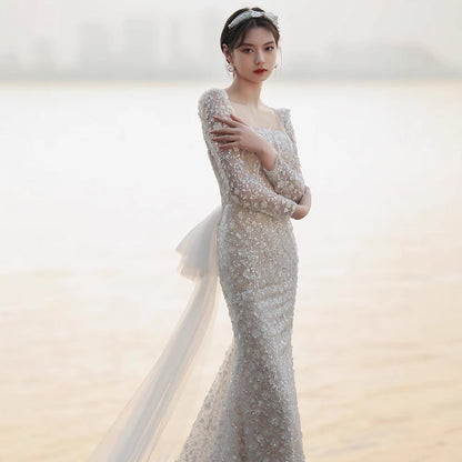 light wedding dress 2025 new bridal temperament simple dress princess style fishtail travel photo wedding dress