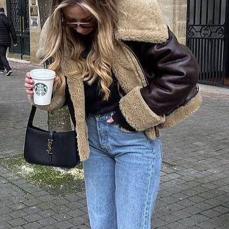 maoxiangshop outfit Winter New European Fashion Maillard Style Fur Motorcycle Jacket Jacket