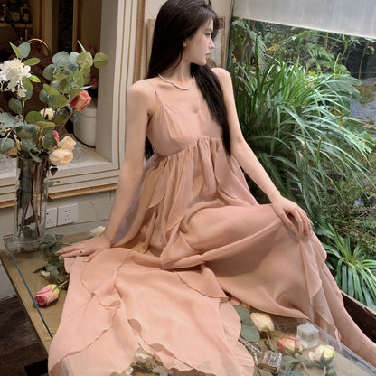 2025 2025 summer new  beach dress suspender dress seaside vacation photo chiffon naked pink fairy dress