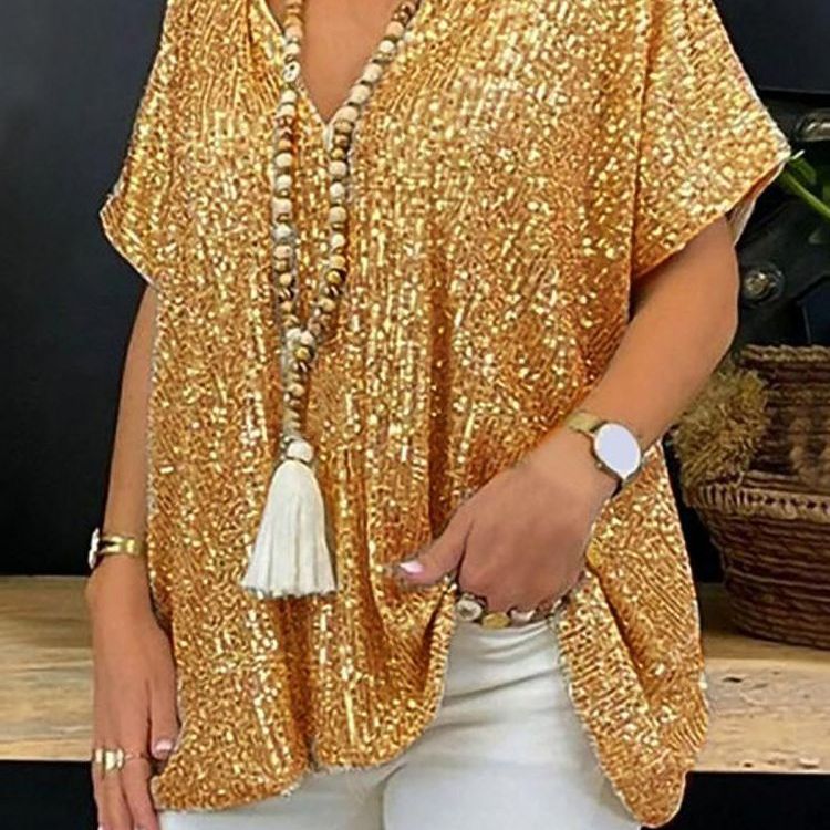 MAOXIANGSHOP 2023 2025 new independent station 2025 new loose sequin V-neck short-sleeved casual sequin deep V shirt