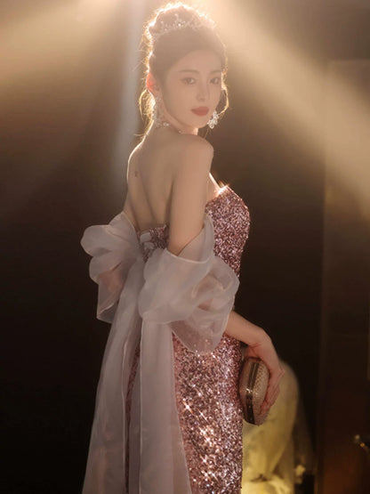 Light luxury fishtail evening dress women's high-end high-end sense sequins temperament socialite niche banquet annual meeting long dress pink autumn